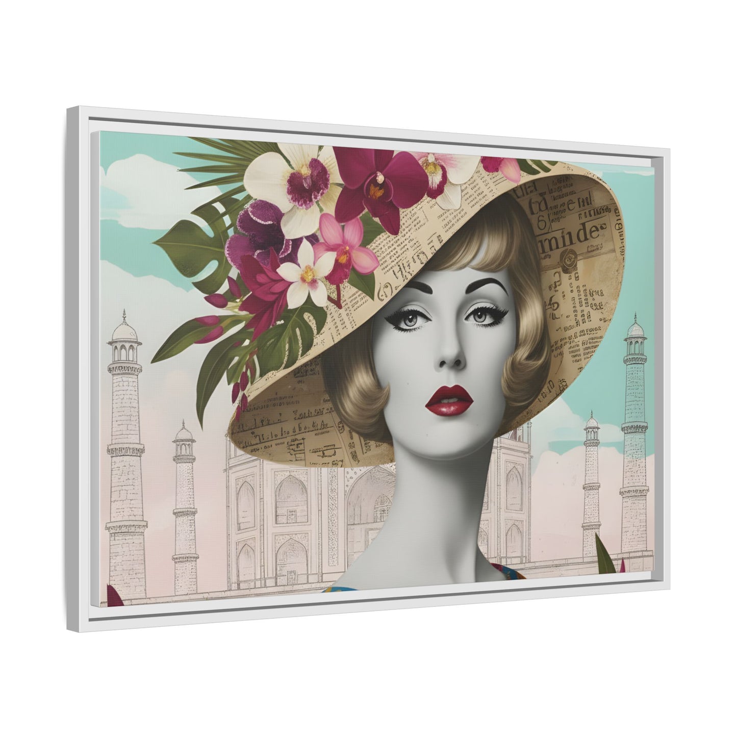 Elegant vintage pop art woman in front of Taj Mahal in India Canvas Wall Art