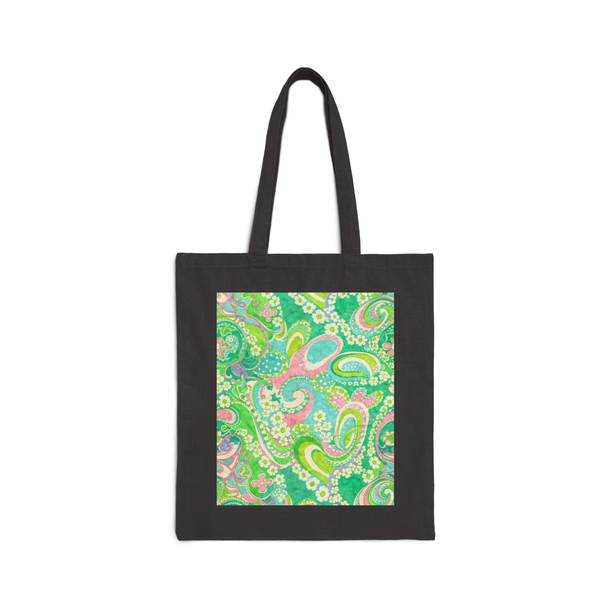 Green Paisley Canvas Tote Bag — Retro Floral Eco Shopping Tote