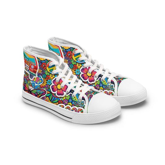 Women’s High Top Sneakers — Colorful 60s Hippie Peace Floral Print ("Peace" & "Good Vibes")