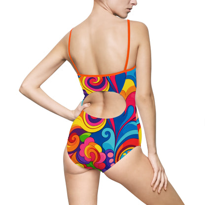 Women's Psychedelic Floral One-Piece Swimsuit - Bright Retro Swimwear