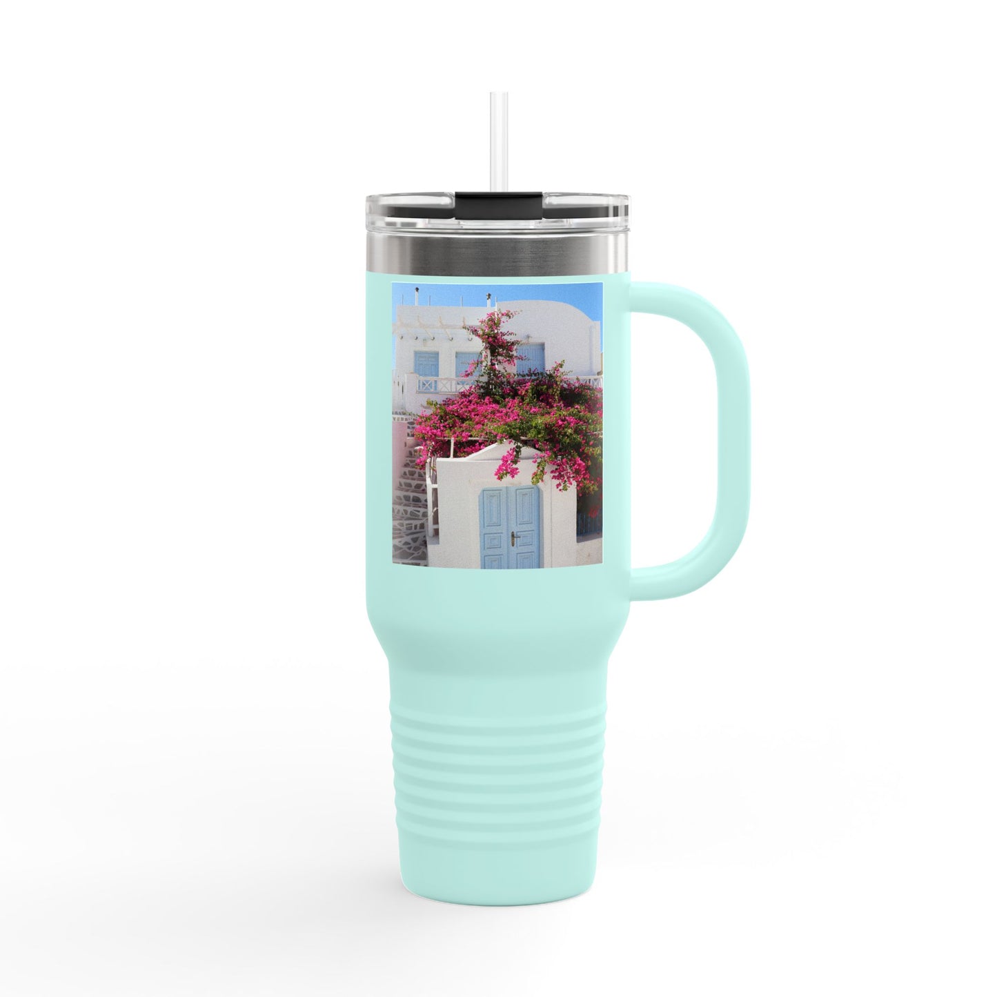 Santorini Blue Door Photo Travel Mug 40oz Insulated Tumbler