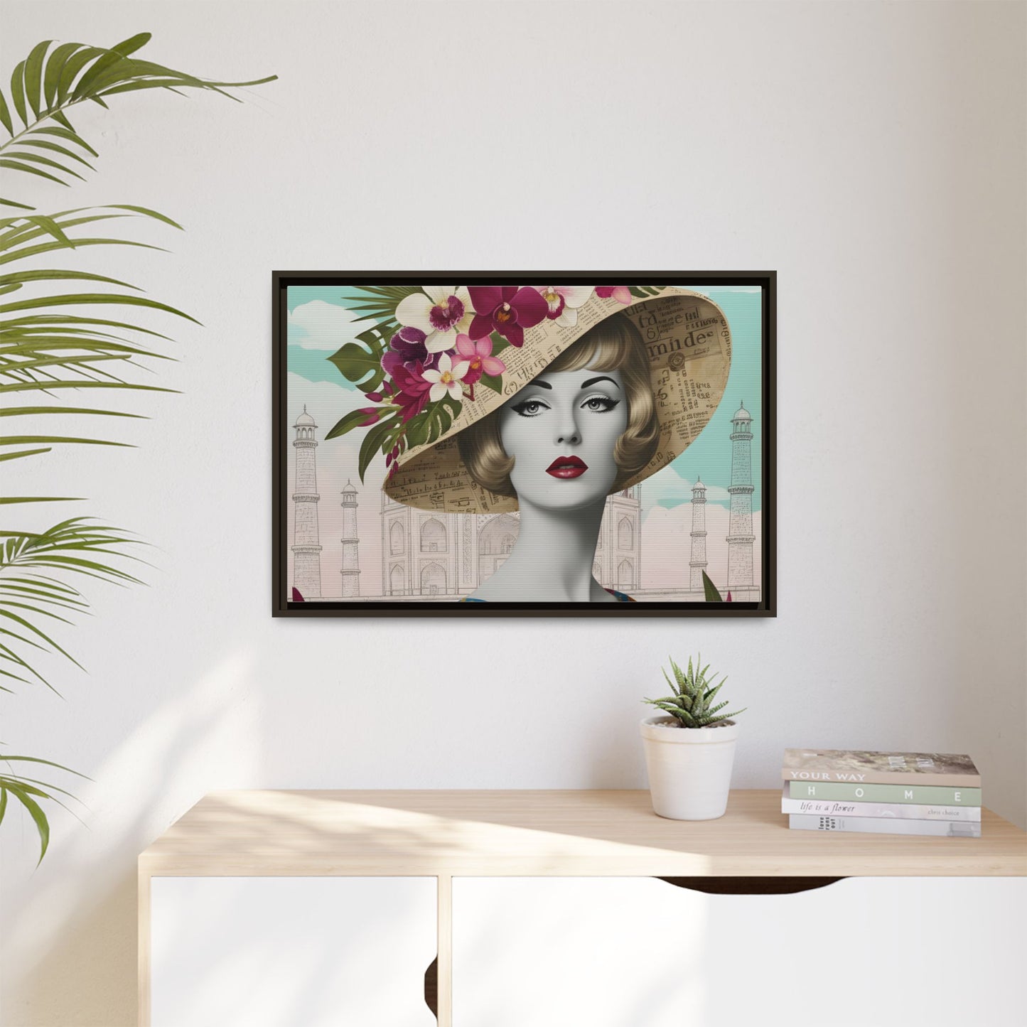 Elegant vintage pop art woman in front of Taj Mahal in India Canvas Wall Art