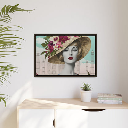 Elegant vintage pop art woman in front of Taj Mahal in India Canvas Wall Art