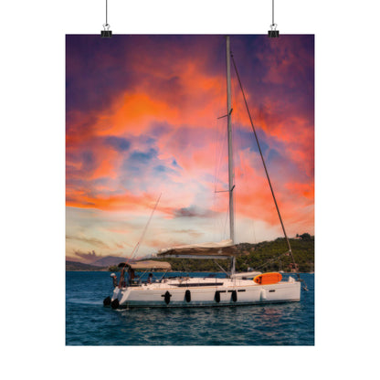 Luxury Yacht Sunset Poster, Mediterranean Sailing Wall Art, Vibrant Orange Sky Seascape, Nautical Home Decor, Modern Sailboat Print