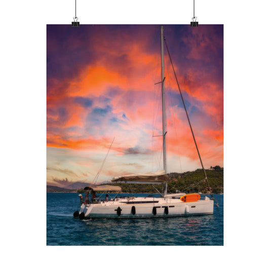 Luxury Yacht Sunset Poster, Mediterranean Sailing Wall Art, Vibrant Orange Sky Seascape, Nautical Home Decor, Modern Sailboat Print