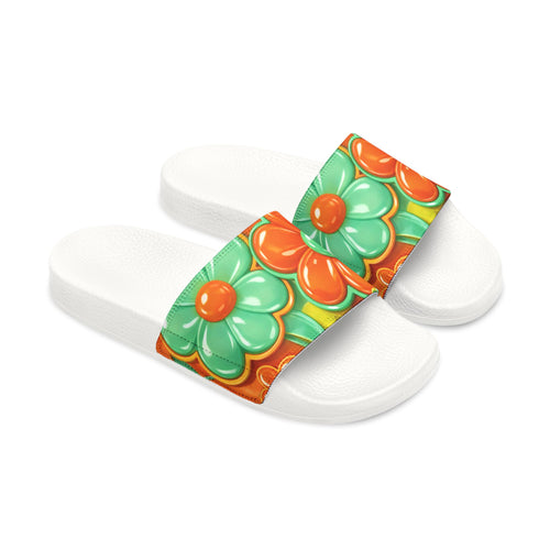 White slide sandals with green and orange floral design on a white background