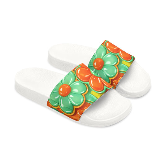 Retro Pop Art Flower Women's Slide Sandals — Orange & Green Removable-Strap Slides