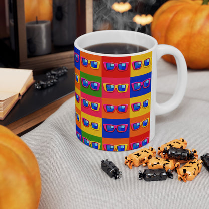 Retro Pop Art Sunglasses Mug — Colorful Patterned Ceramic Coffee Cup (11oz/15oz)