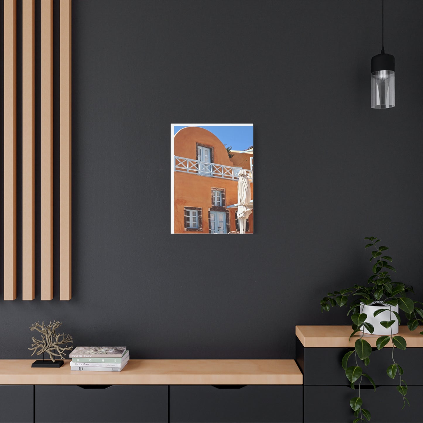 Oia Santorini Orange Facade Canvas — Mediterranean Terracotta Matte Wall Art