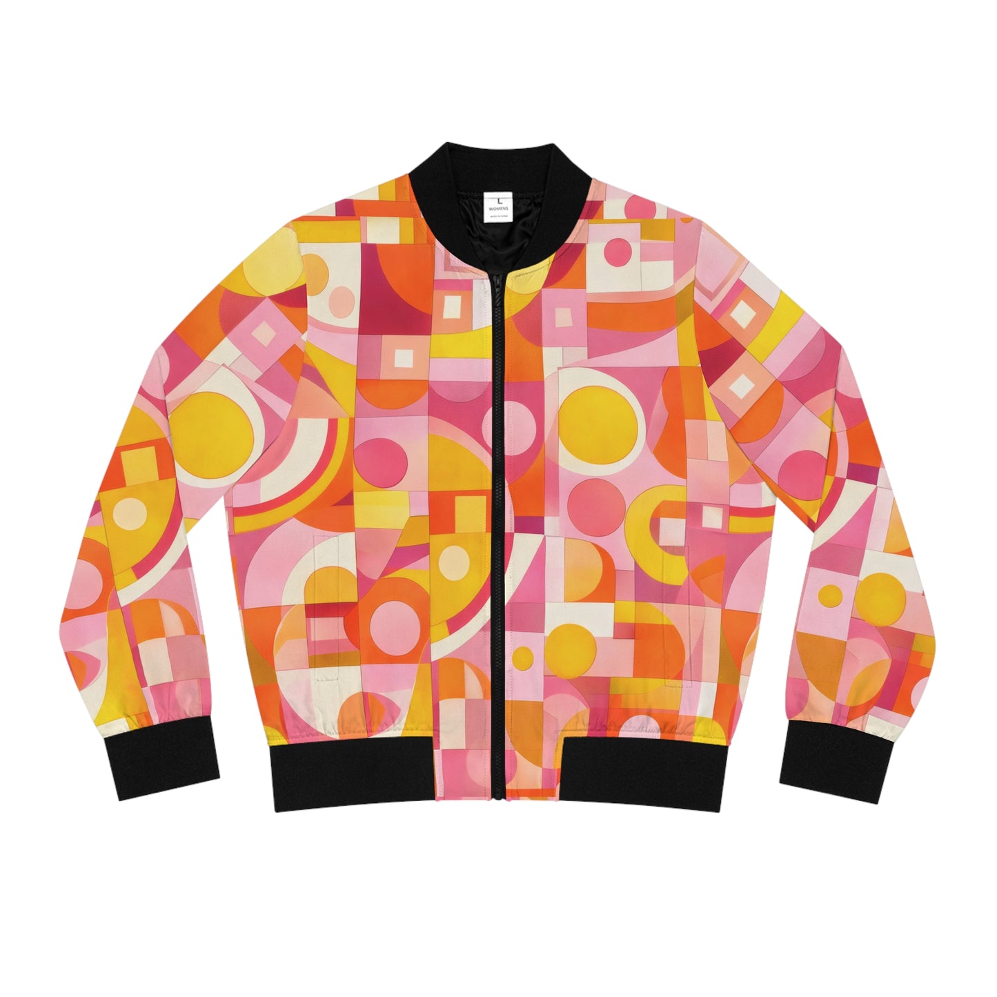 Retro Geometric Bomber Jacket — Pink & Yellow Abstract Pattern