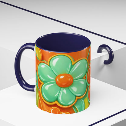 Retro Orange & Teal Flower Pattern Mug | Accent Coffee Mug