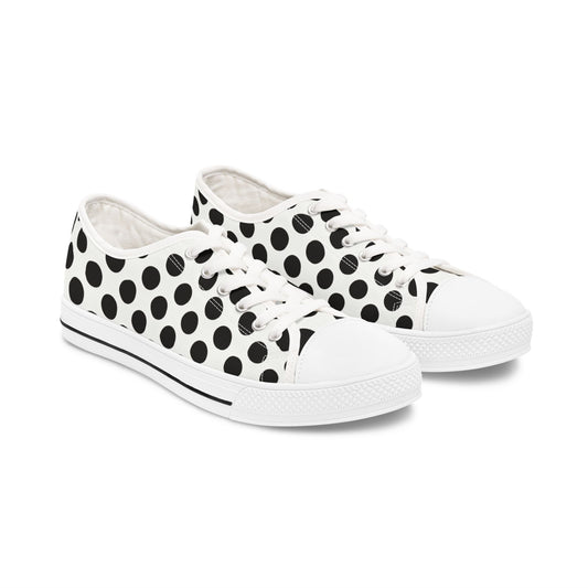 Polka Dot Low Top Sneakers — Women's Black & White Casual Canvas Shoes