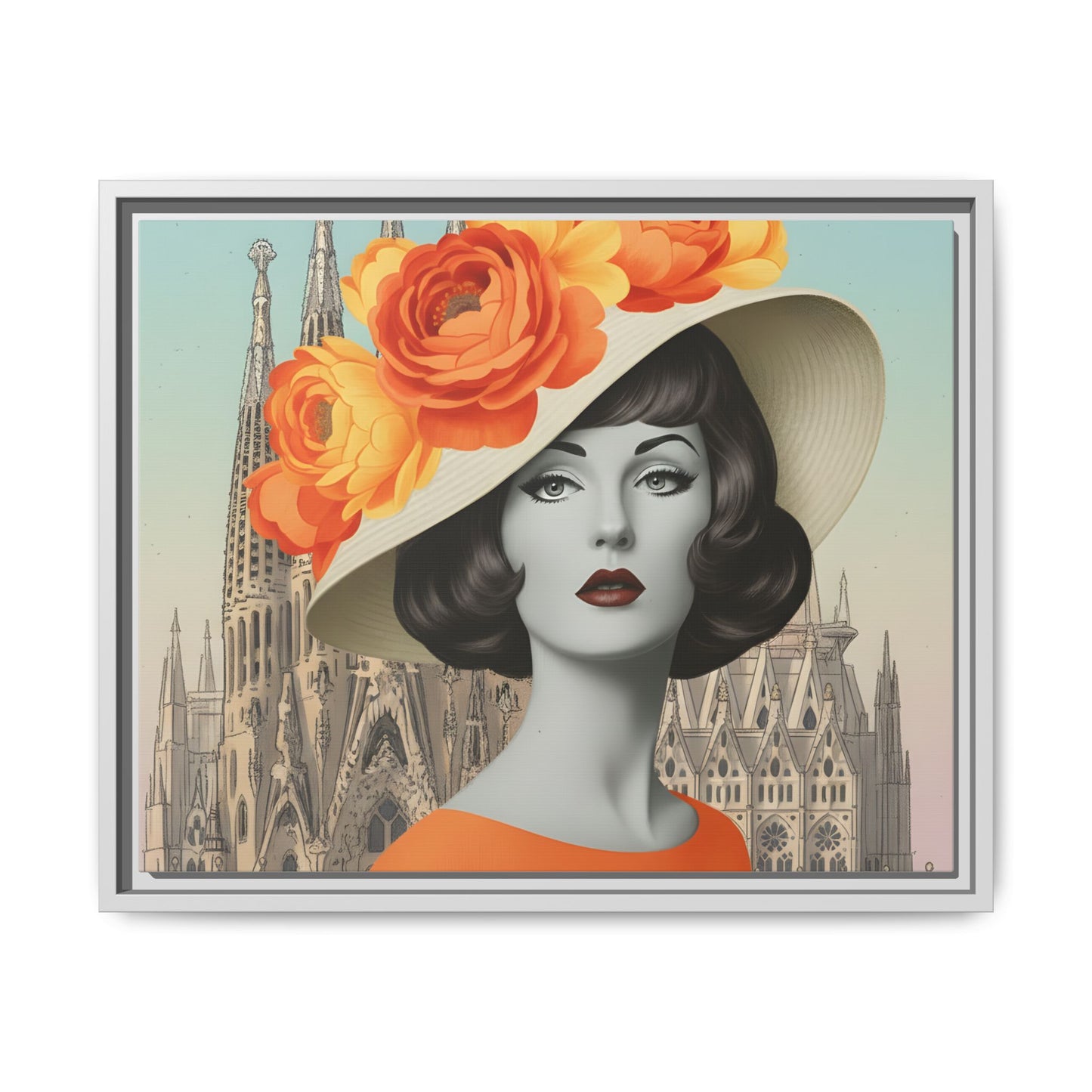 Elegant Vintage Woman with Coffee in front of Sagrada Familia in Barcelona — Retro Pop Art Framed Matte Canvas