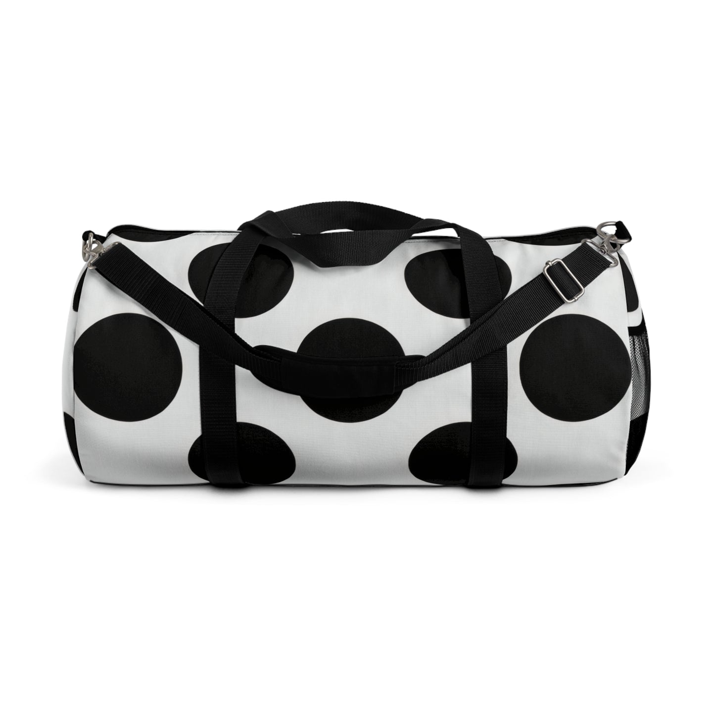 Black Polka Dot Duffel Bag — Retro Travel & Gym Tote