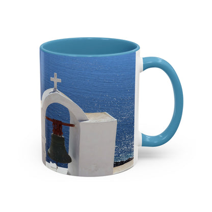 Santorini Bell Towers coffee mug | Greek island scene, blue sea accent mug