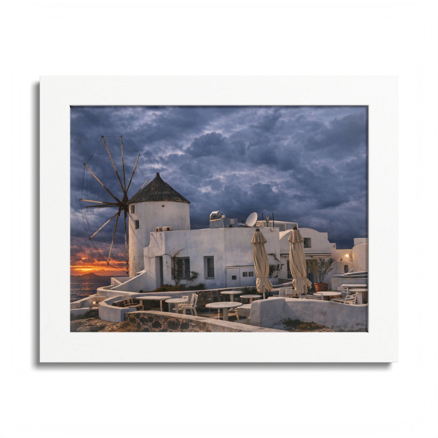 Santorini Windmill Sunset Poster  Framed Wall Art  Greece Coastal Landscape Print  Mediterranean Home Decor  Travel Photography Gift