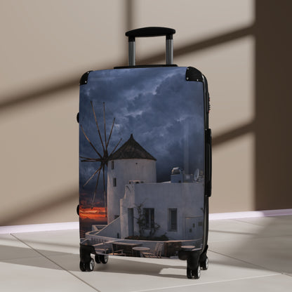 Oia Santorini Windmill Sunset Suitcase — Moody Greek Island Hard Shell Travel Luggage