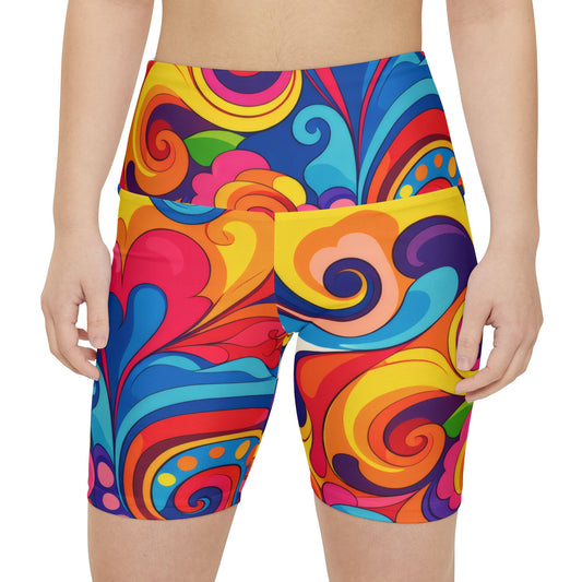 Psychedelic Swirl Women's Workout Shorts — Colorful Retro Activewear