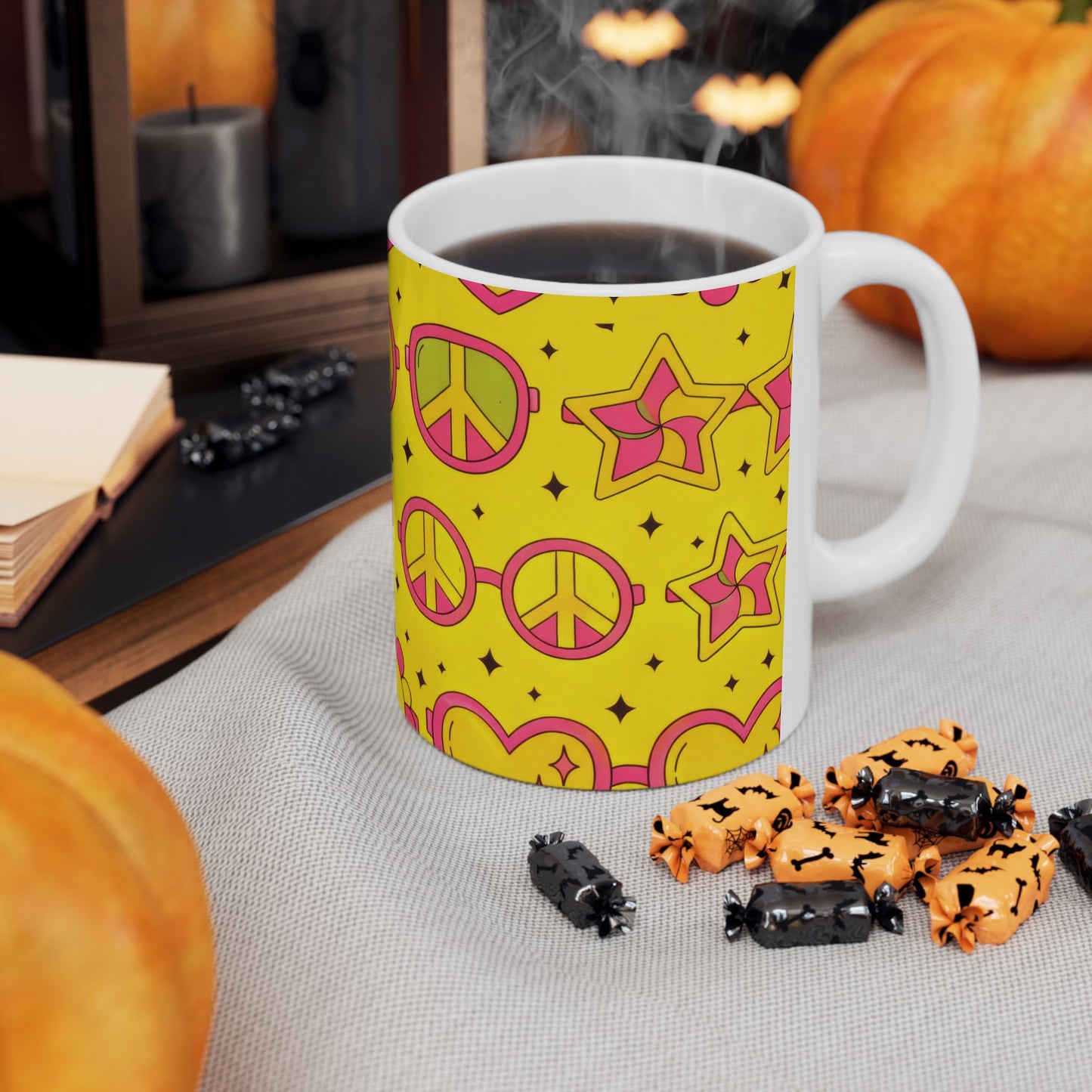Hippie Peace Sunglasses Ceramic Mug | Retro Yellow 70s Coffee Cup (11oz, 15oz)
