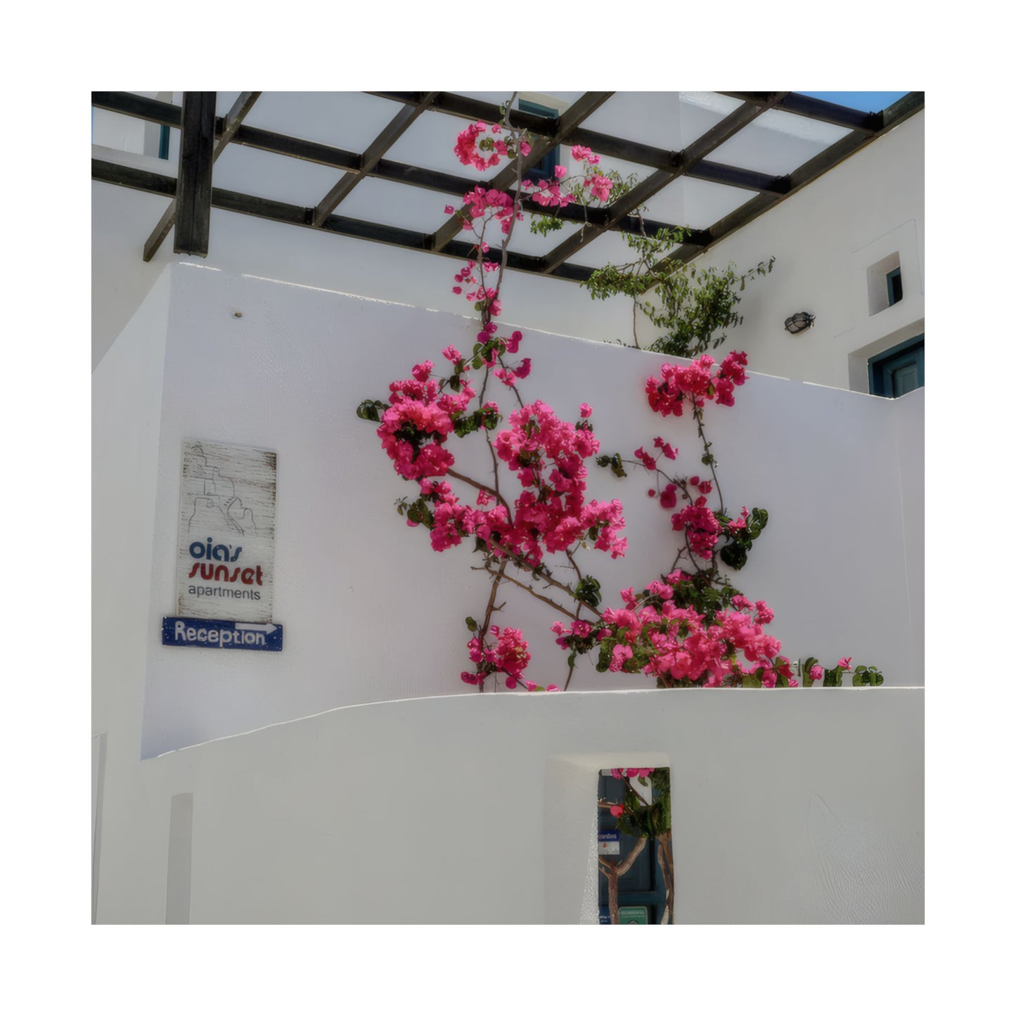 Santorini Bougainvillea Poster, Oia Greece White Architecture Art, Mediterranean Floral Wall Decor, Greek Island Photography Print Art Decor