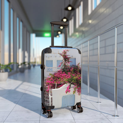 Luxury Santorini Oia Suitcase — Ghost City Edition — Pink Bougainvillea & Blue Door Photography
