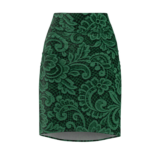 Emerald Lace Pencil Skirt — Elegant Floral Print AOP