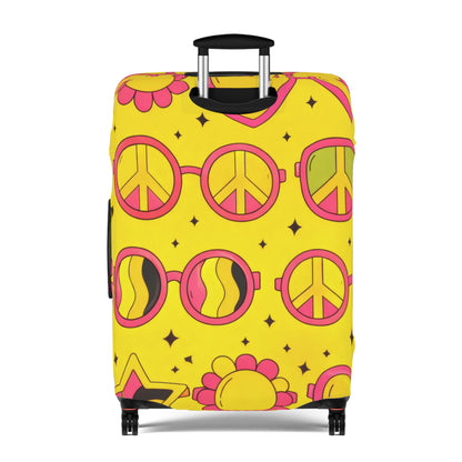Retro Sunshine Luggage Cover – Yellow Peace Sign, Hearts & Flowers Travel Protector