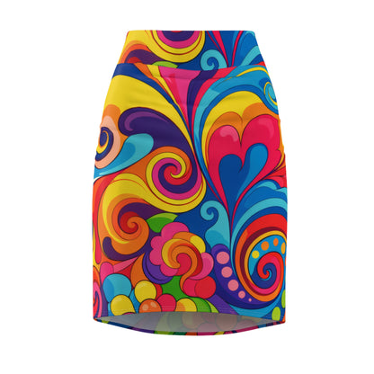 Psychedelic Swirl Pencil Skirt — Vibrant Retro Floral AOP