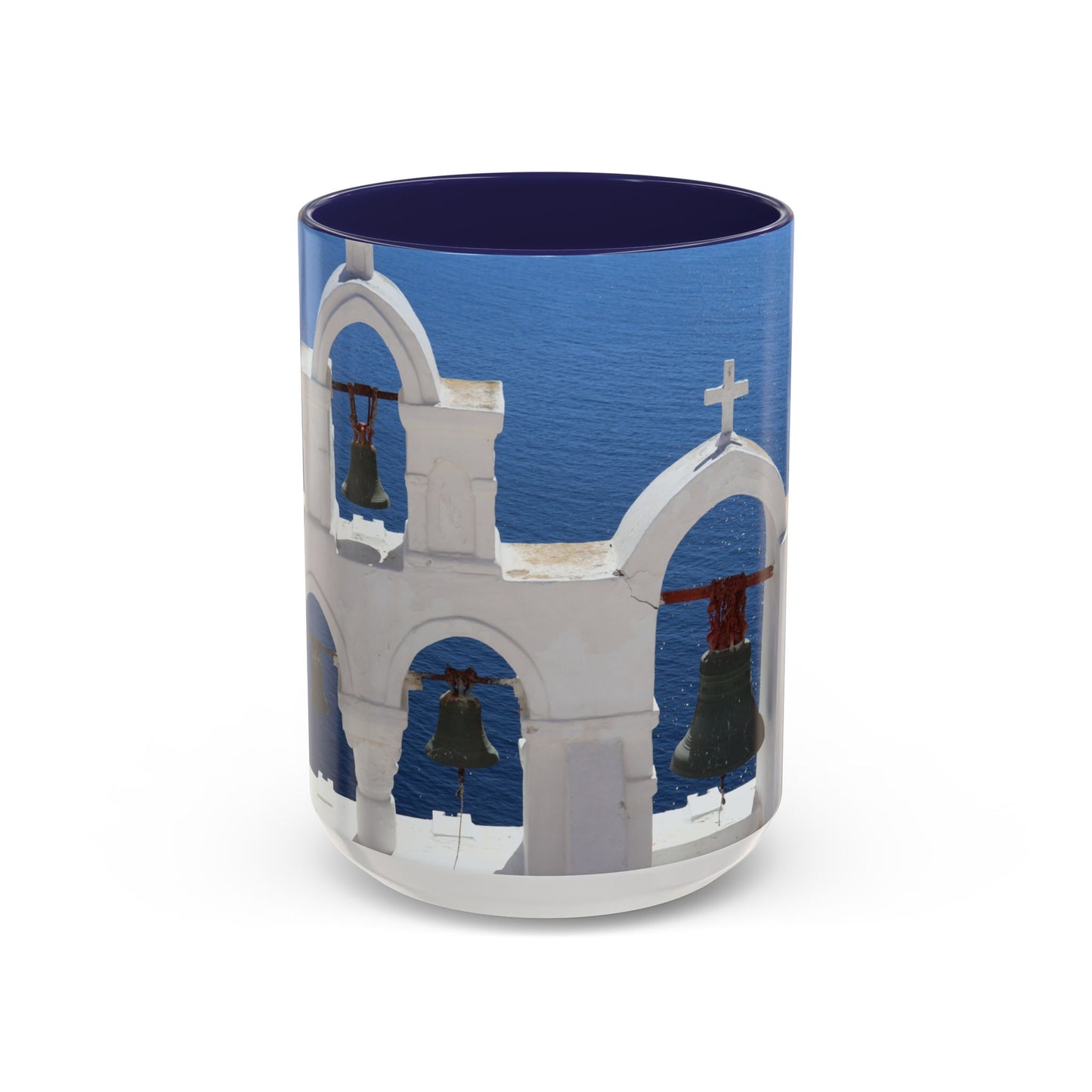 Santorini Bell Towers coffee mug | Greek island scene, blue sea accent mug
