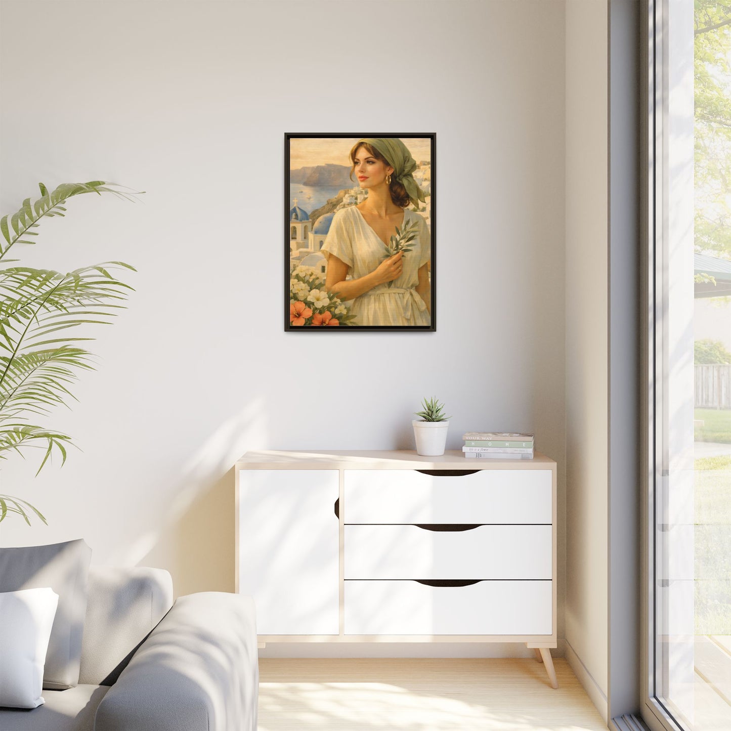 Oia Santorini Greek Woman Portrait — Romantic Vintage Framed Matte Canvas Art