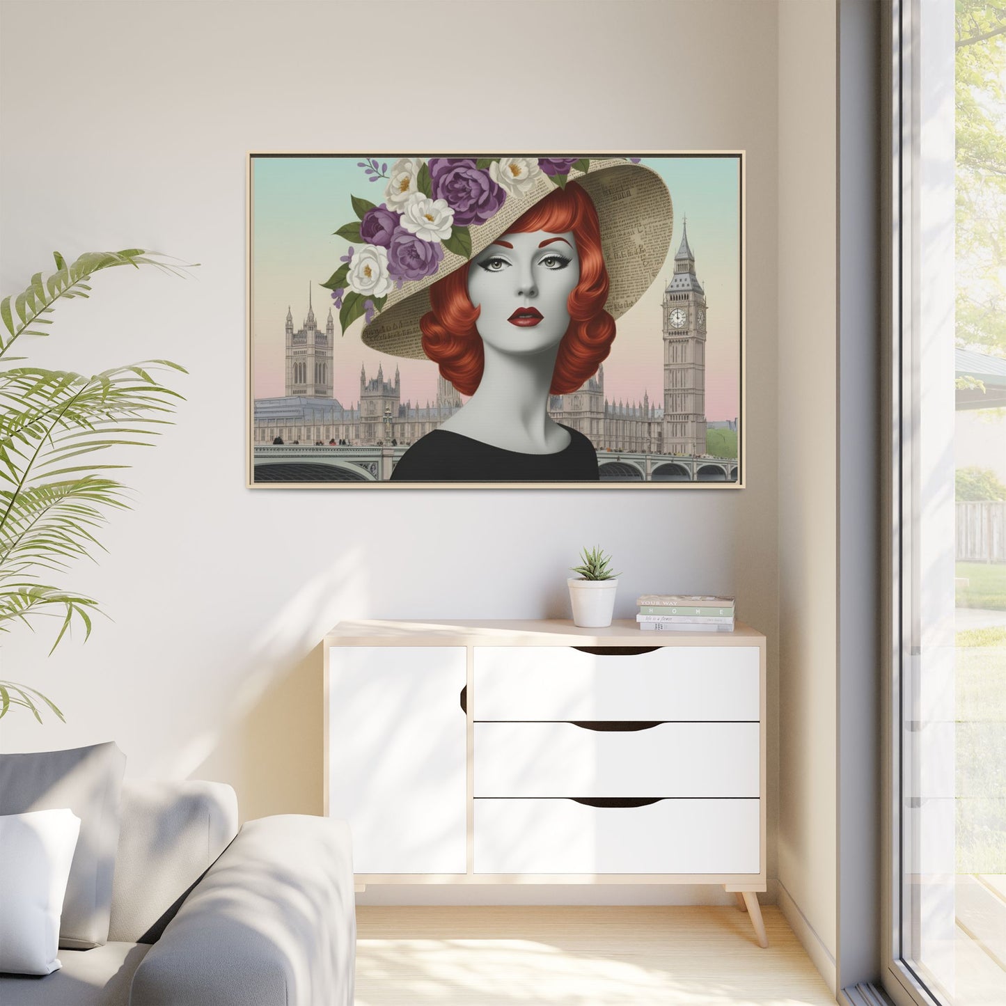 Elegant vintage pop art woman in front of Big Ben in London Matte Framed Canvas