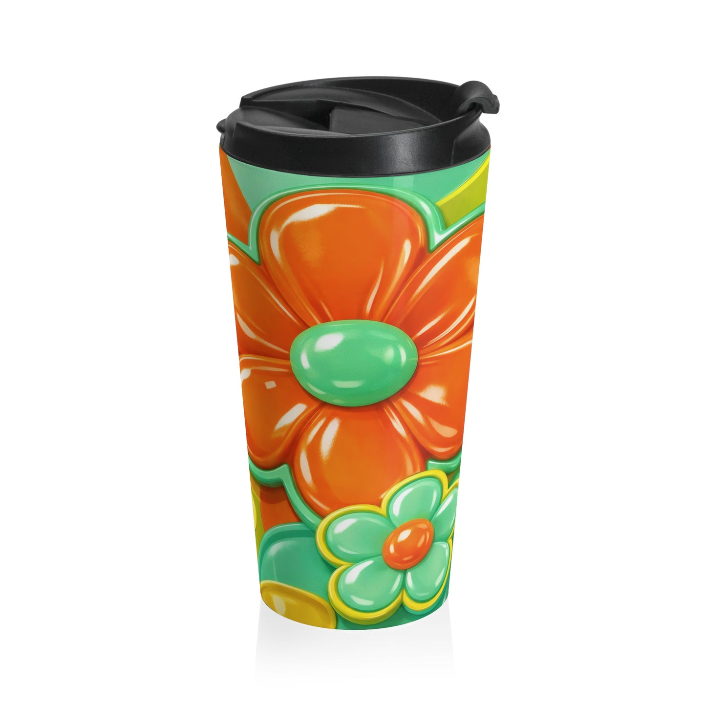 Retro Orange Green Floral Stainless Steel Mug | Travel Tumbler, 60s Flower Pattern