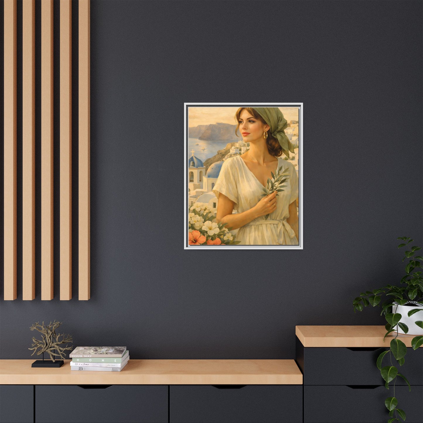 Oia Santorini Greek Woman Portrait — Romantic Vintage Framed Matte Canvas Art
