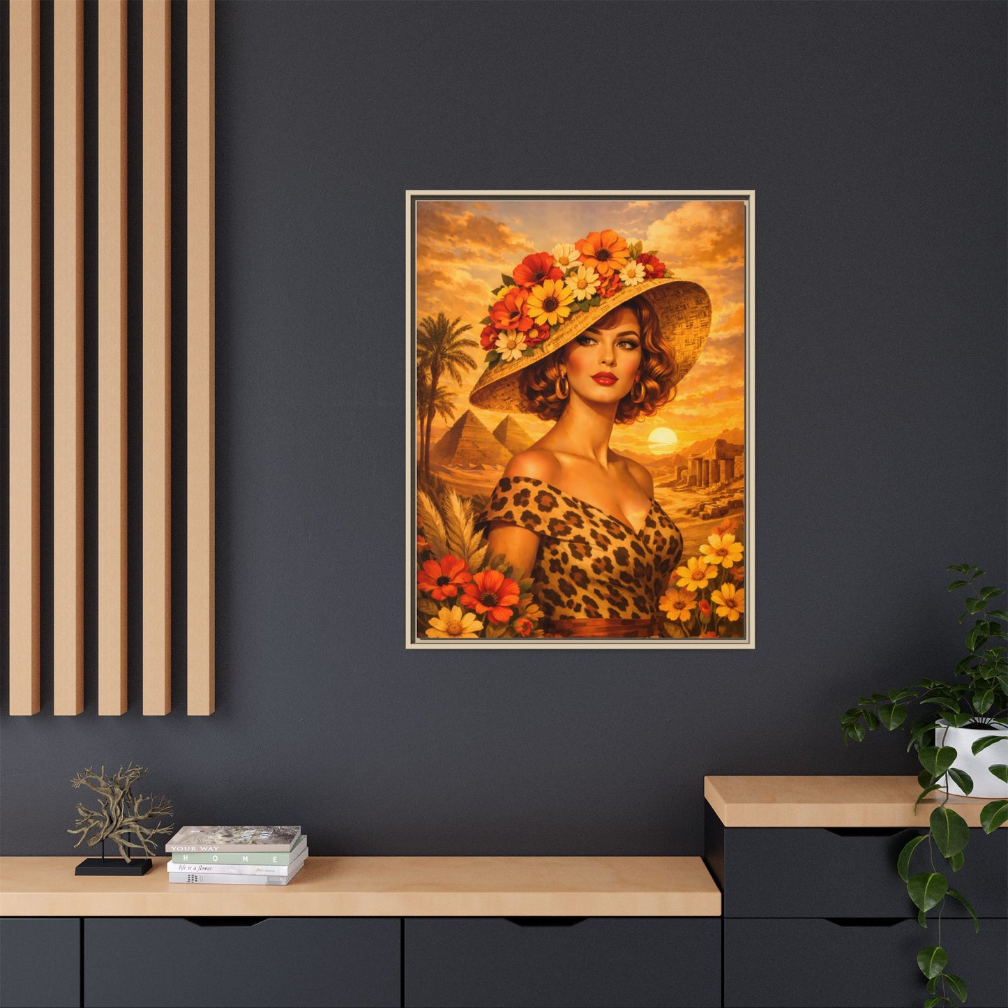 Elegant glamorous vintage woman in Egypt front of Giza pyramids at sunset, retro safari travel fashion illustration, Framed