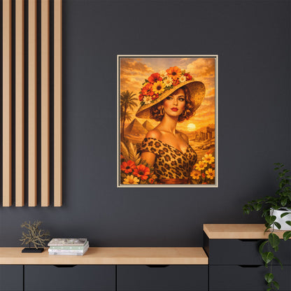 Elegant glamorous vintage woman in Egypt front of Giza pyramids at sunset, retro safari travel fashion illustration, Framed