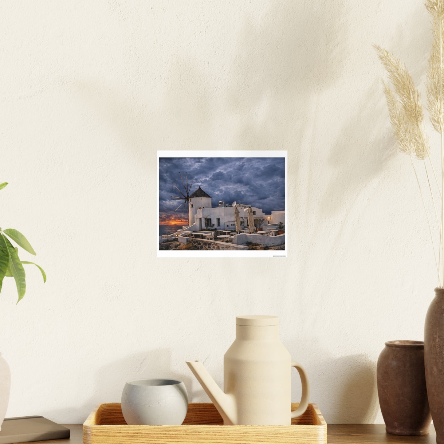 Oia Santorini Windmill Sunset Poster — Mediterranean Landscape Photo Art Print