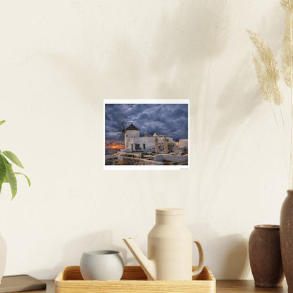 Oia Santorini Windmill Sunset Poster — Mediterranean Landscape Photo Art Print