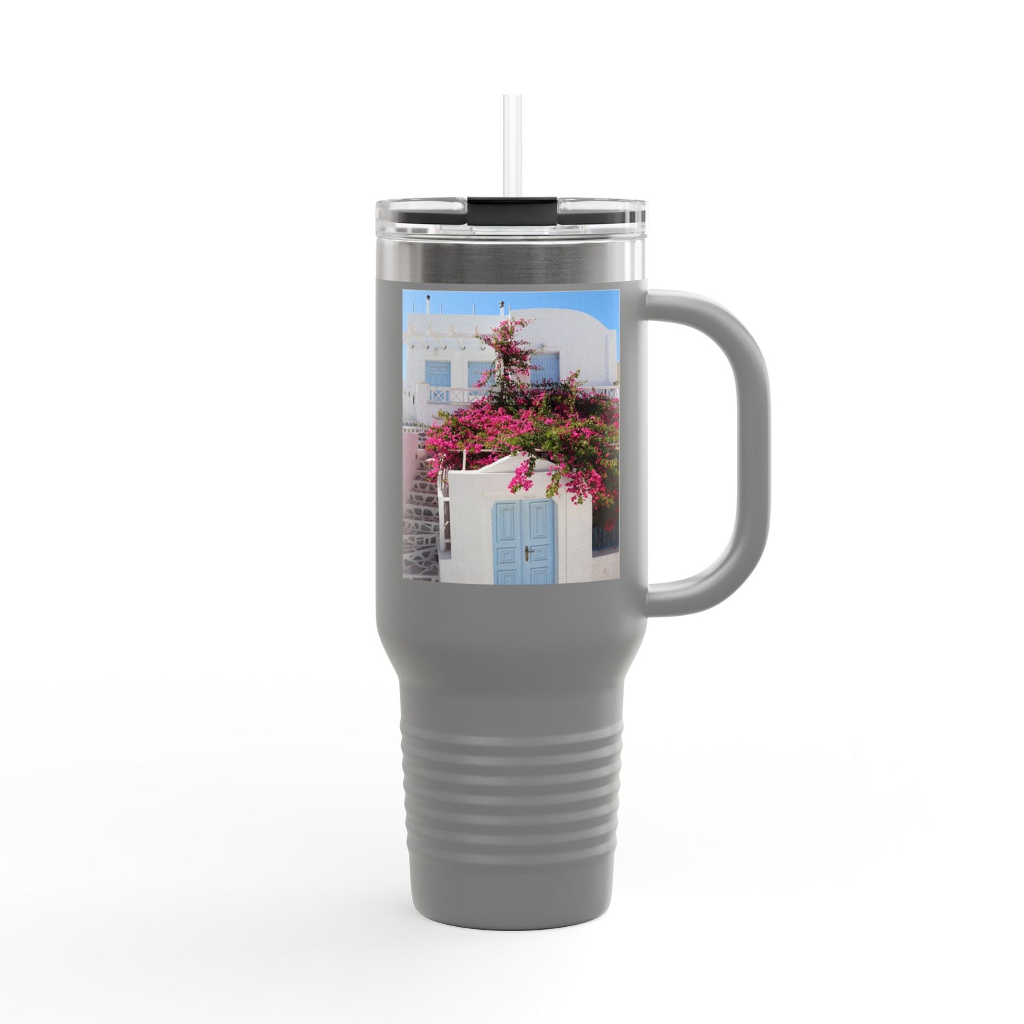 Oia Santorini Blue Door Travel Mug — 40oz Insulated Tumbler Greek Gift