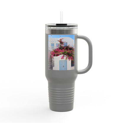 Oia Santorini Blue Door Travel Mug — 40oz Insulated Tumbler Greek Gift