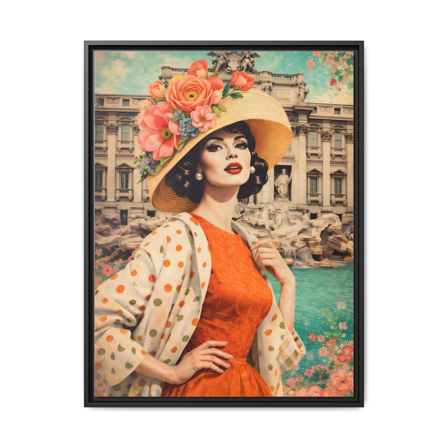 Elegant glamorous vintage woman in Rome front of Trevi Fountain, retro Italian travel fashion illustration,Framed Matte Canvas Art