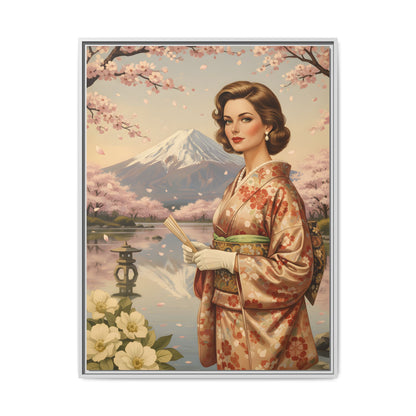 Framed Matte Canvas Art — Vintage Geisha in Kimono with Mount Fuji