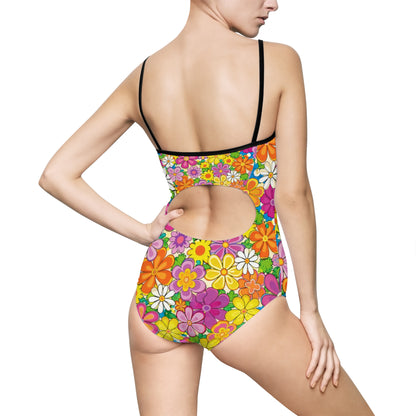 Floral Retro One-Piece Swimsuit — Bright 60s Flower Power Print