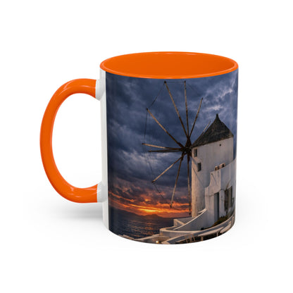 Santorini Windmill Sunset Accent Coffee Mug | Island Nightscape Greek Travel Gift | Unique Ceramic Mug