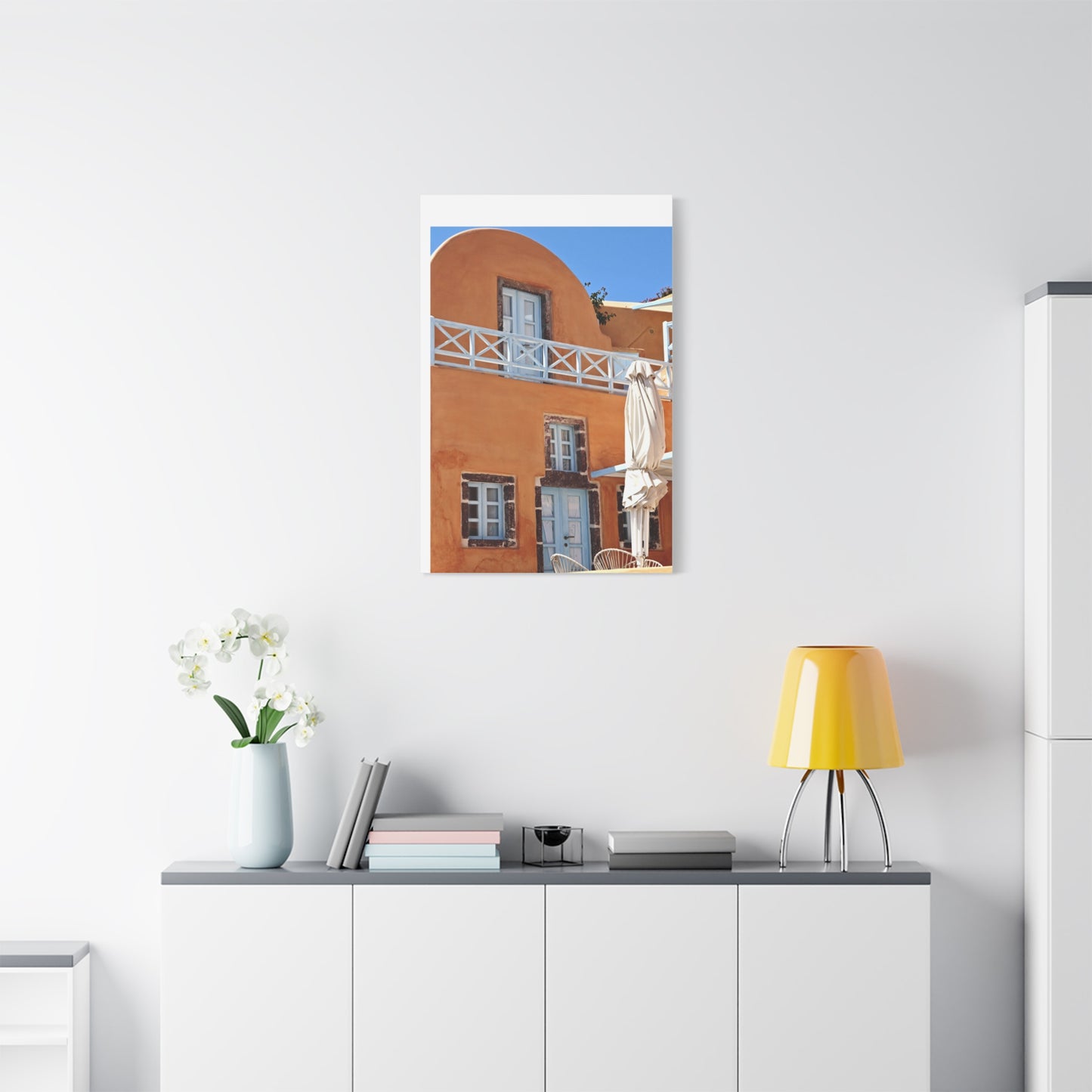 Oia Santorini Orange Facade Canvas — Mediterranean Terracotta Matte Wall Art