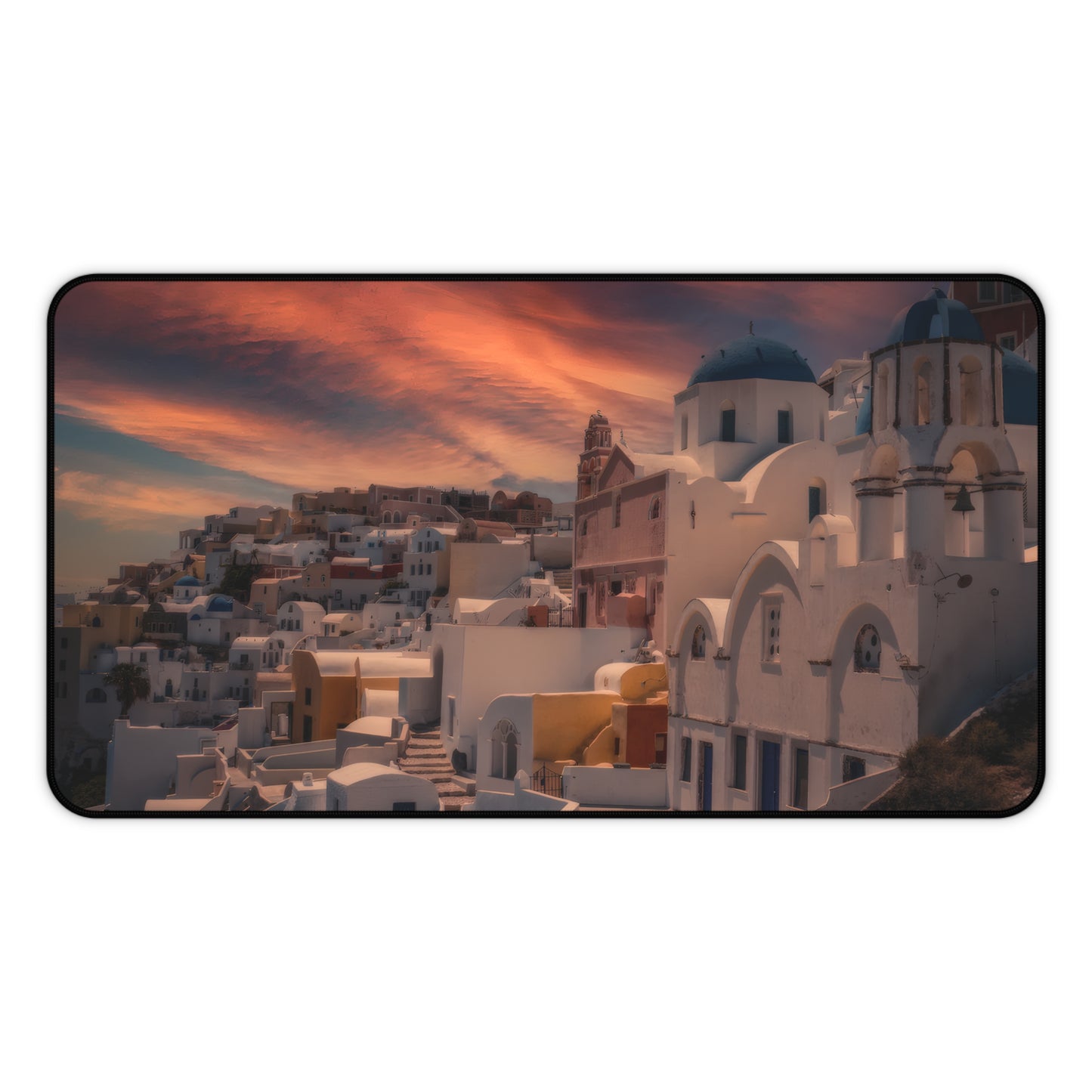 Santorini Sunset Desk Mat, Oia Greece Blue Dome Mouse Pad, Dreamy Mediterranean Sky Decor, Greek Island Office Gift, Large Aesthetic Deskpad