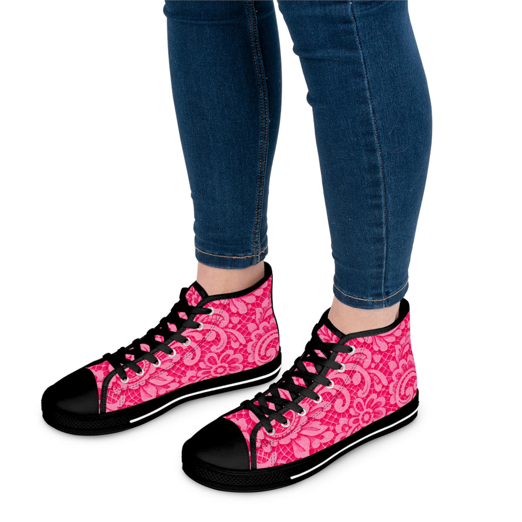 Pink Lace Floral High-Top Sneakers