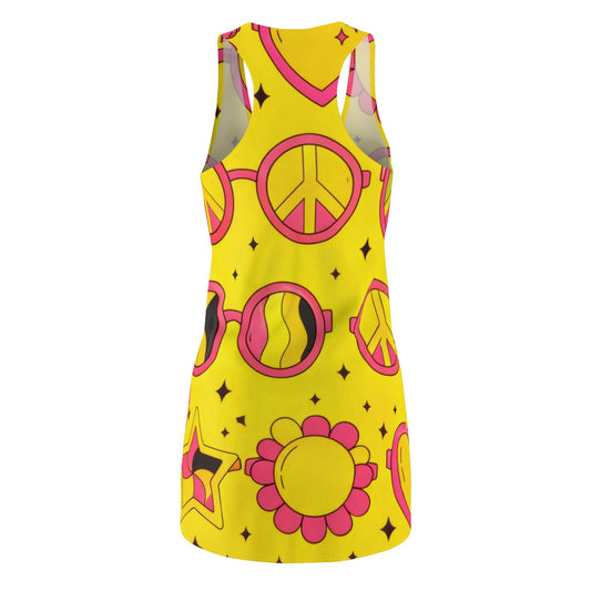 Yellow Retro Peace & Heart Racerback Dress - 70s Flower Power Print