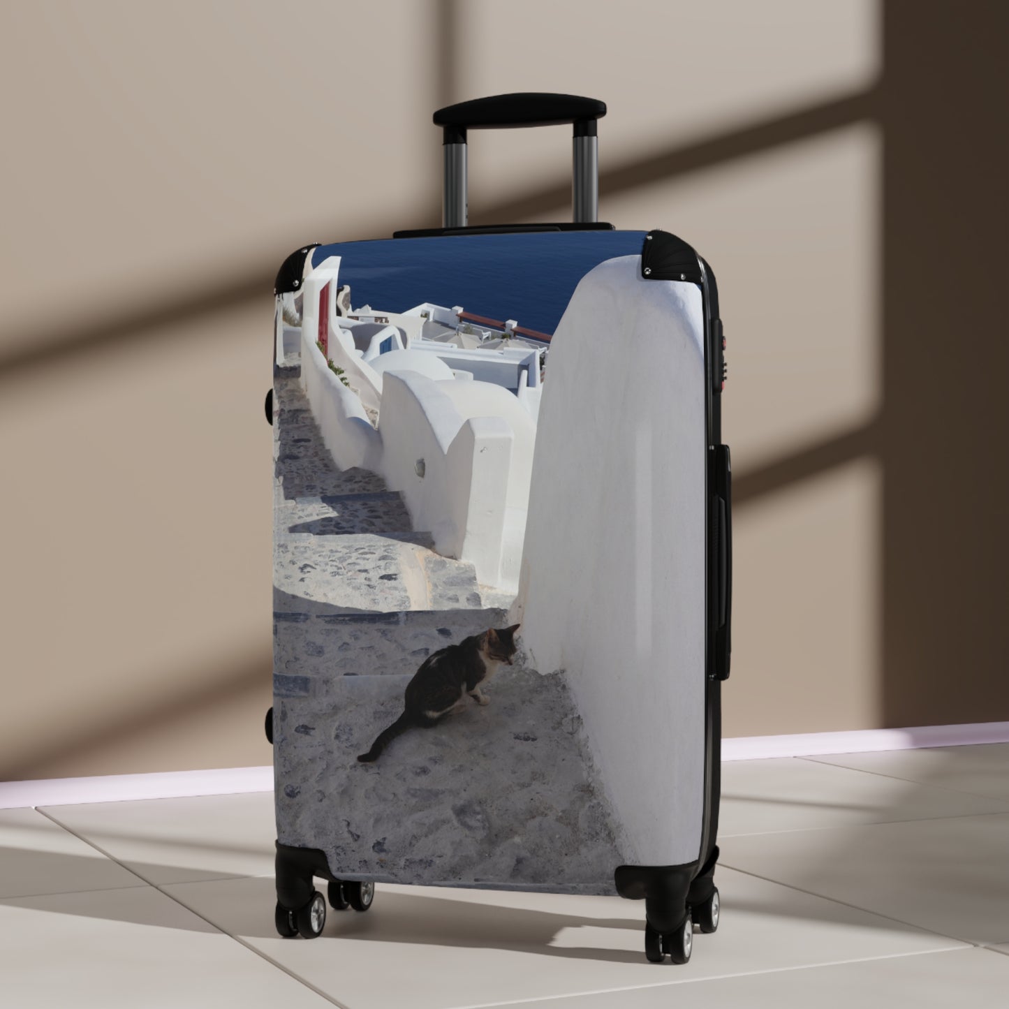 Luxury Santorini Oia Suitcase — Ghost City Edition — Lone Cat on Empty Streets Photography