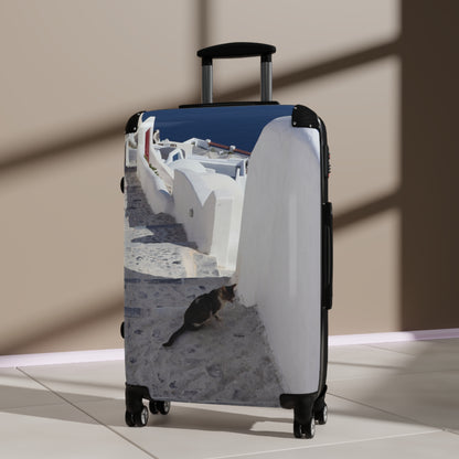 Luxury Santorini Oia Suitcase — Ghost City Edition — Lone Cat on Empty Streets Photography