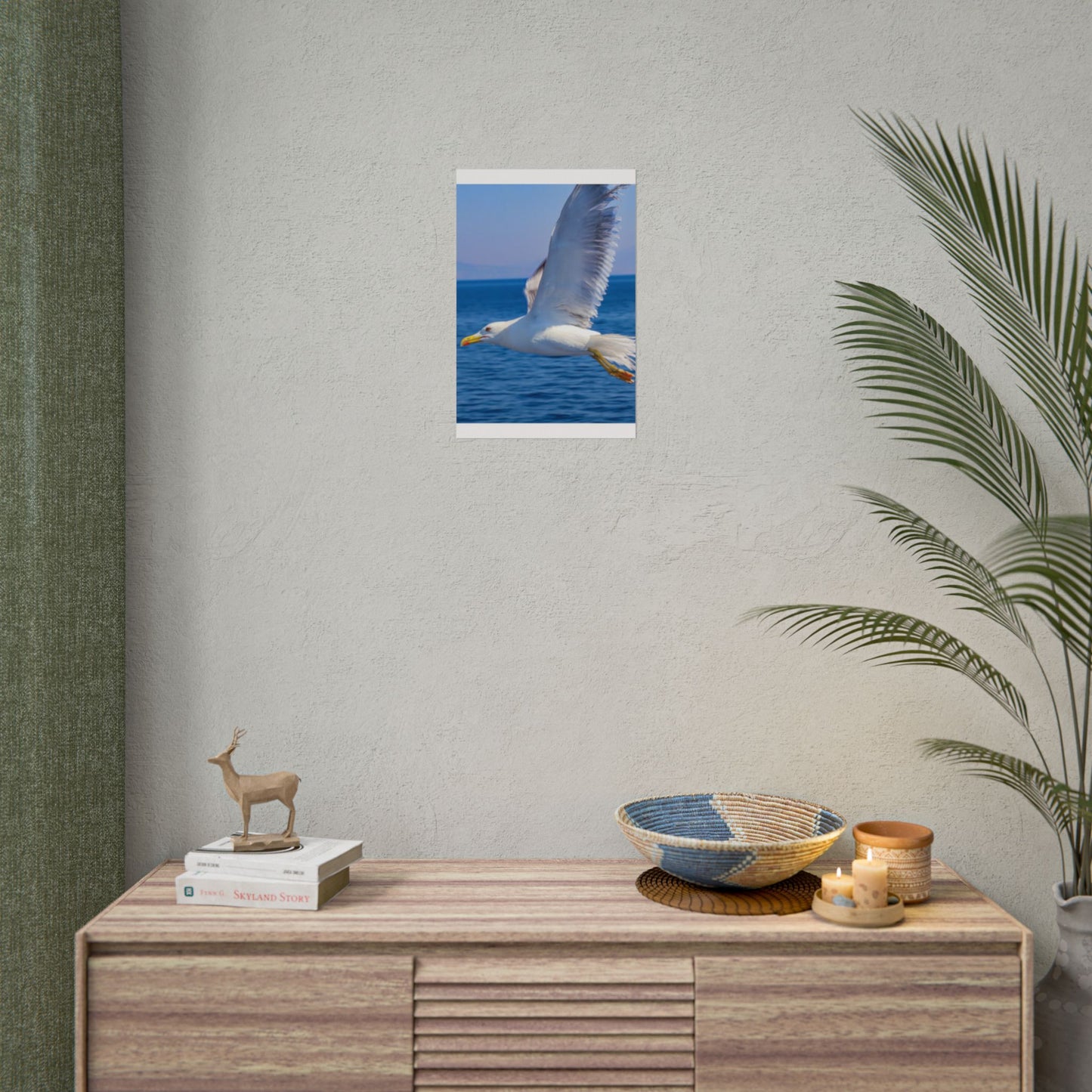 Seagull in Flight Poster, Ocean Blue Sea Wall Art, Coastal Bird Photography Print, Mediterranean Nautical Decor, Minimalist Beach House Art
